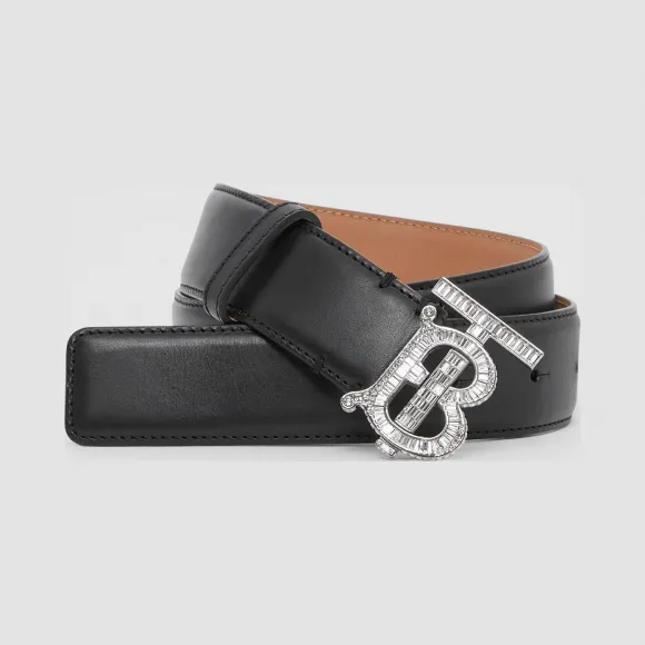博百利/Burberry 人造水晶专属标识图案皮革腰带 (黑色 / 钯金色) - 女士  80234341