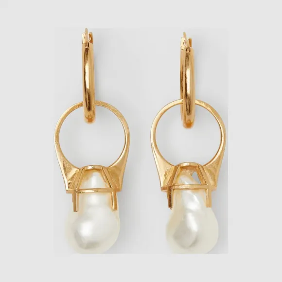 博百利/Burberry 人造珍珠戒指装饰镀金环状耳环 (浅金色 / 白色) - 女士  80235801