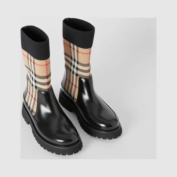 博百利/Burberry Vintage 格纹针织袜皮革切尔西靴  P80238151