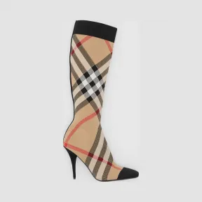 博百利/Burberry 格纹弹力针织袜靴 (典藏米色) - 女士  80243031