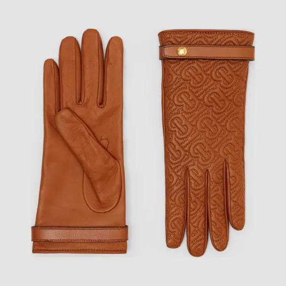 博百利/Burberry 羊绒内衬绗缝专属标识羔羊皮手套 (棕色)  80249841