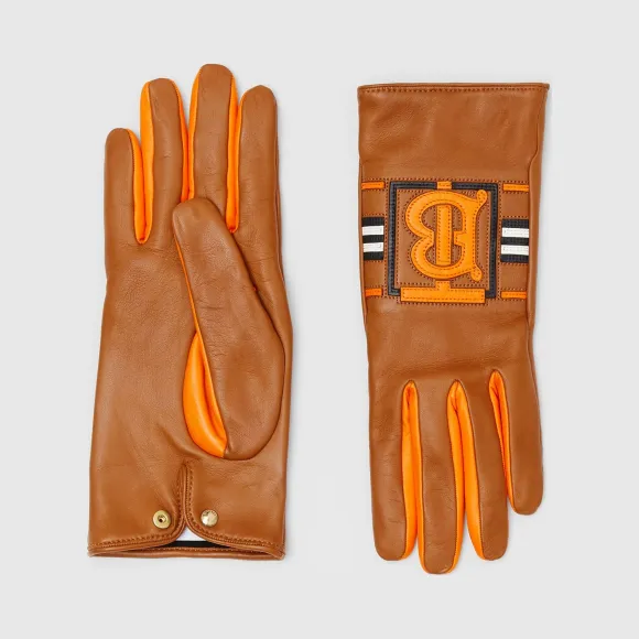 博百利/Burberry 专属标识嵌花羊绒内衬羔羊皮手套 (驼色 / 亮橙色)  80250011