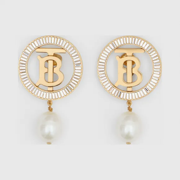 博百利/Burberry 珍珠装饰镀金专属标识图案耳环 (浅金色 / 水晶色 / 白色) - 女士  80275061