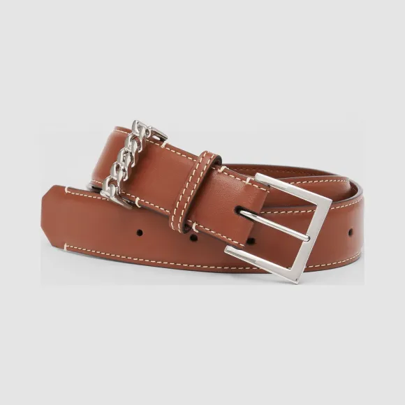 博百利/Burberry 链饰缉明线皮革腰带 (棕褐色 / 淡褐色) - 女士  80289631