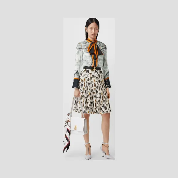 博百利/Burberry 女士 地图印花丝质雪纺系带上衣  80310411