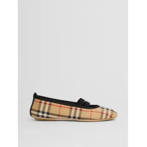 博百利/Burberry 徽标细节 Vintage 格纹棉质芭蕾鞋 (典藏米色) - 女士 80380561