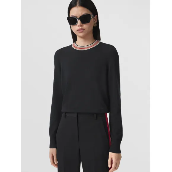 博百利/Burberry 条纹装饰羊绒衫 (黑色) - 女士 80484281