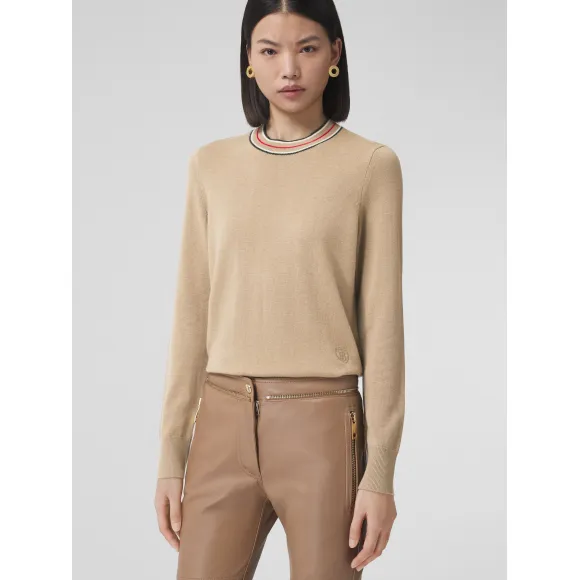 博百利/Burberry 条纹装饰羊绒衫 (驼色) - 女士 80484291