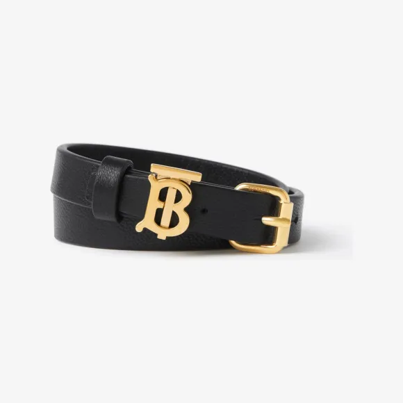 博百利/Burberry 专属标识装饰皮革环绕式手环 (黑色 / 浅金色) 80650141