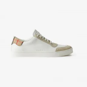 博百利/Burberry 皮革、麂皮拼格纹棉质运动鞋 (中调白) 80664681