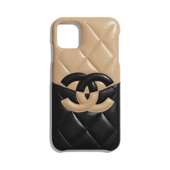 香奈儿/Chanel iPhone 11 Pro Max手机壳  羊皮革  米色与黑 AP1453-B03190-C0204