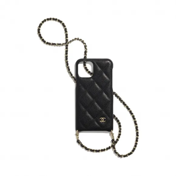香奈儿/Chanel iPhone11 Pro链子手机壳  颗粒压花小羊皮与金色金属  黑 AP1639-B03765-C3906