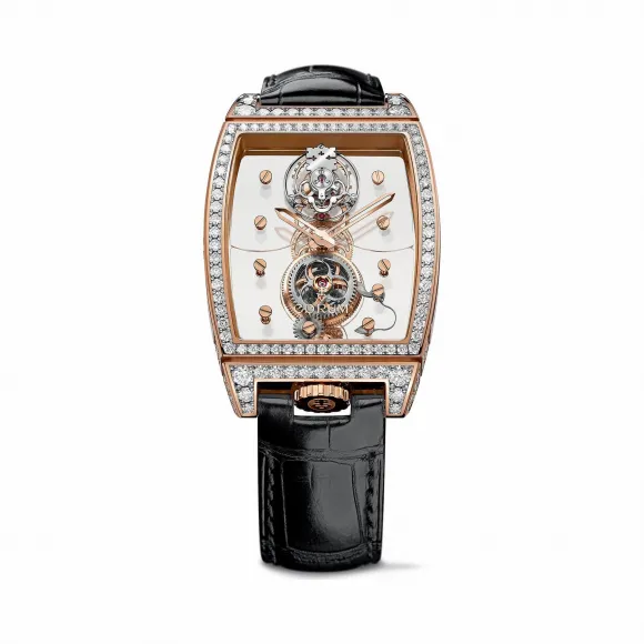 昆仑/Corum 43毫米金桥圆形腕表 系列 18Kt白金，水晶玻璃表壳中层，双面防眩水晶玻璃表镜，水晶玻璃表背，镶84颗VVS净度/H色/双翻钻，2.14克拉 手动机械机芯 B100-01506–100.161.85-0F010000