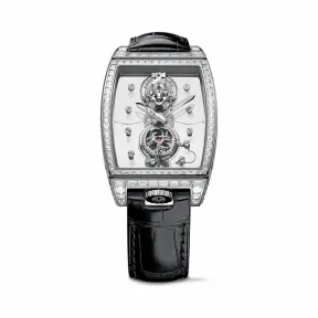 昆仑/Corum 43毫米金桥圆形陀飞轮腕表 系列 18Kt白金，水晶玻璃表壳中层，双面防眩水晶玻璃表镜，水晶玻璃表背，镶96颗长方祖母绿，6.10克拉 手动机械机芯 B100-01509–100.169.69-0F010000