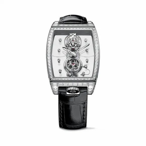 昆仑/Corum 43毫米金桥圆形陀飞轮腕表 系列 18Kt白金，水晶玻璃表壳中层，双面防眩水晶玻璃表镜，水晶玻璃表背，镶96颗长方祖母绿，6.10克拉 手动机械机芯 B100-01509–100.169.69-0F010000