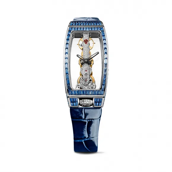 昆仑/Corum Golden Bridge 金桥系列 18kt 白金 84 颗长方形切割蓝宝石 ~ 3.40 克拉 手动机械机芯 21.30 x 43.99 mm B113-01066-113.143.69-0083-0000