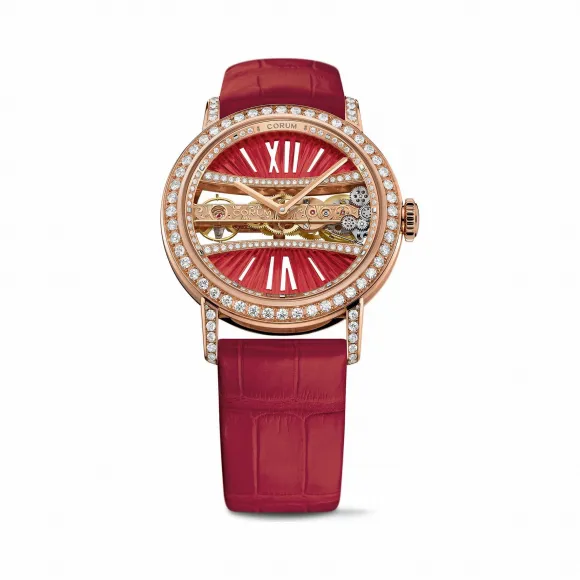 昆仑/Corum 39毫米金桥圆形腕表 系列 5N 18Kt玫瑰金，双面防眩水晶玻璃表镜，水晶玻璃表背，镶76颗VVS净度/H色/双翻钻，1.51克拉 手动机械机芯 B113-03277–113.000.85-0F06RD91R