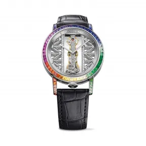 昆仑/Corum Golden Bridge 金桥系列 18kt 白金 蓝宝石水晶夹层 双面防眩水晶玻璃表镜 水晶玻璃表底盖 68 颗长方形切割彩色宝石 （4.50 克拉） 15 颗长方形切割橄榄石 （ 0.99 克拉） 8 颗长方形切割沙弗莱石 （1.04克拉） 5 颗长方形切割红宝石 （ 0.65 克拉） 手动机械机芯 43 mm B113-03513-113.991.69-0F01-GG69G
