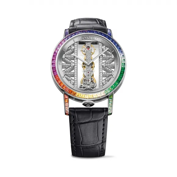 昆仑/Corum Golden Bridge 金桥系列 18kt 白金 蓝宝石水晶夹层 双面防眩水晶玻璃表镜 水晶玻璃表底盖 68 颗长方形切割彩色宝石 （4.50 克拉） 15 颗长方形切割橄榄石 （ 0.99 克拉） 8 颗长方形切割沙弗莱石 （1.04克拉） 5 颗长方形切割红宝石 （ 0.65 克拉） 手动机械机芯 43 mm B113-03513-113.991.69-0F01-GG69G