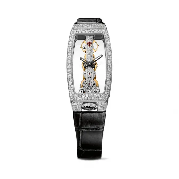 昆仑/Corum Golden Bridge 金桥系列 18kt 白金 245 颗钻石 ~ 1.28 克拉 雪花式镶嵌大小不同的钻石 手动机械机芯 21.30 x 43.99 mm B113-03844-113.249.69-0001-0000