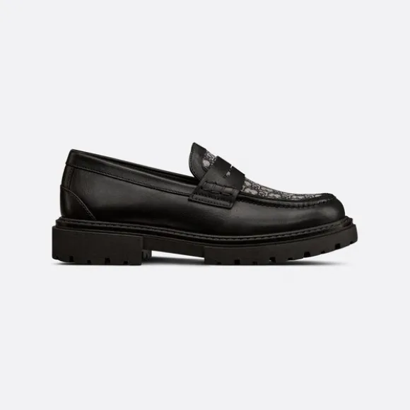 迪奥/Dior 儿童乐福鞋 黑色光滑牛皮革和米色和蓝色 Oblique 印花面料 3SBS15SHOF_Y38I_T26