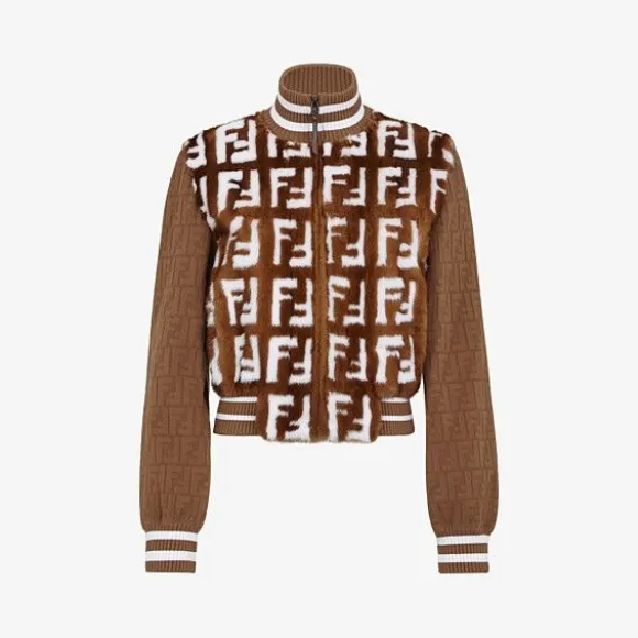 芬迪/Fendi 针织布料和镶饰貂皮飞行员夹克 FNE16FA1QIF1A0Y