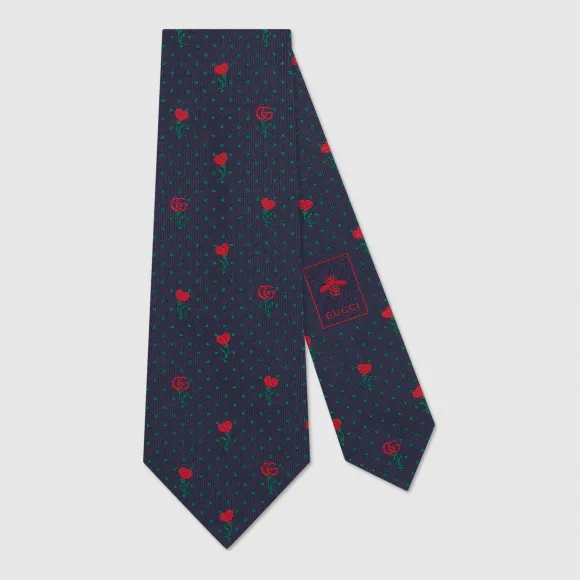 古驰/Gucci 双 G、红心和花卉提花真丝领带 571791 4E002 4174