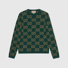 古驰/Gucci 绿色和驼色GG羊毛提花针织衫 692900-XKCC5-3235