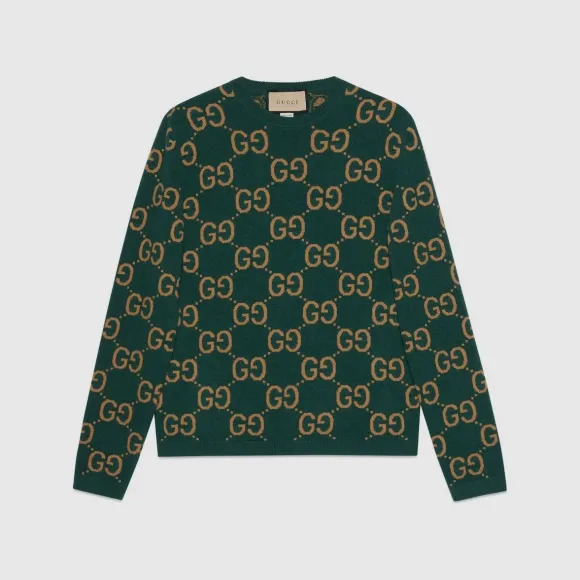 古驰/Gucci 绿色和驼色GG羊毛提花针织衫 692900-XKCC5-3235