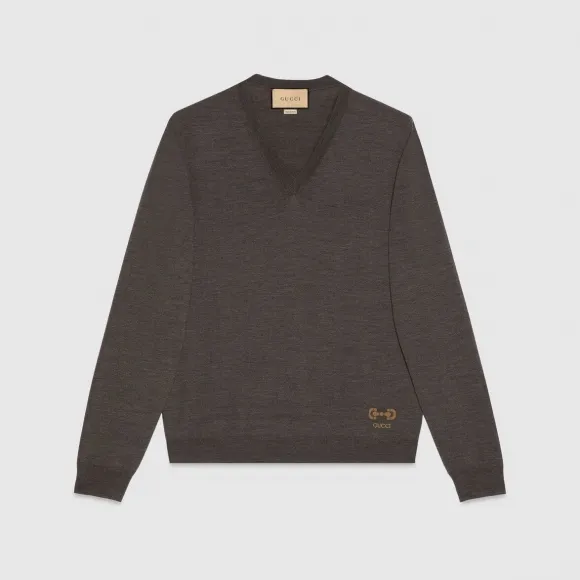 古驰/Gucci 灰色饰刺绣V领羊毛毛衣 713566-XKCOR-2334