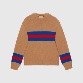 古驰/Gucci 驼色饰织带嵌花羊毛马海毛混纺针织衫 750841-XKDF2-2032
