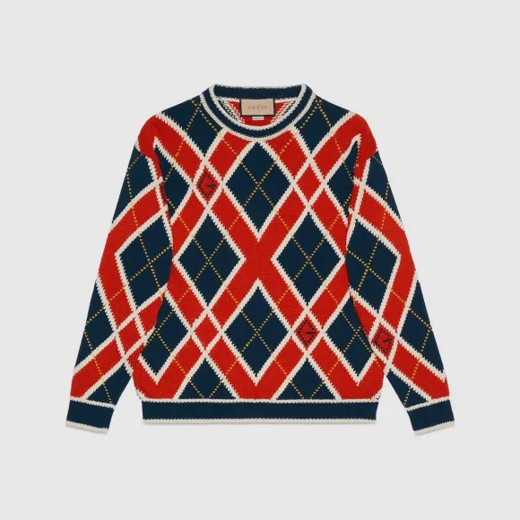 古驰/Gucci 红色、象牙白色和深蓝色G菱形菱纹棉质针织衫 752068-XKDD4-6255