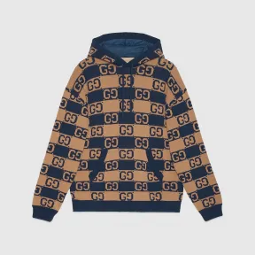 古驰/Gucci 米色和深蓝色GG棉质提花连帽针织衫 752097-XKDFK-2349