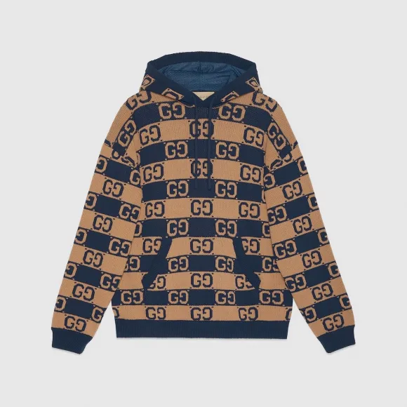 古驰/Gucci 米色和深蓝色GG棉质提花连帽针织衫 752097-XKDFK-2349