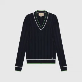 古驰/Gucci 深蓝色饰刺绣真丝羊毛混纺针织衫 753782-XKDBJ-4330