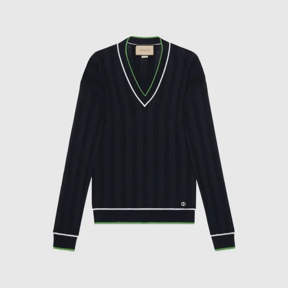 古驰/Gucci 深蓝色饰刺绣真丝羊毛混纺针织衫 753782-XKDBJ-4330