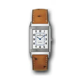积家/Jaeger LeCoultre Reverso 翻转腕表系列  精钢，银色雕纹表盘，黑色阿拉伯数字时标，蓝钢 石英机芯 