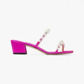 Jimmychoo/吉米周 AMARA45-珍珠饰桃红色缎面穆勒鞋 AMARA45IWP0C8563