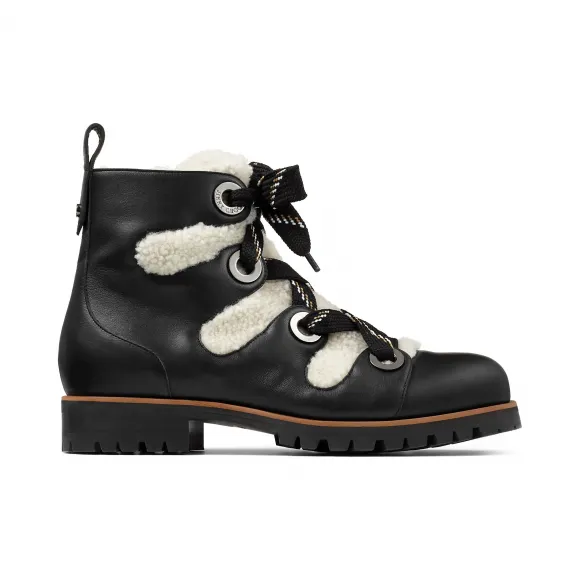 Jimmychoo/吉米周 拿铁色翻羊毛和金属孔眼装饰黑色磨面皮踝靴  BEIFLATYSH0C7778