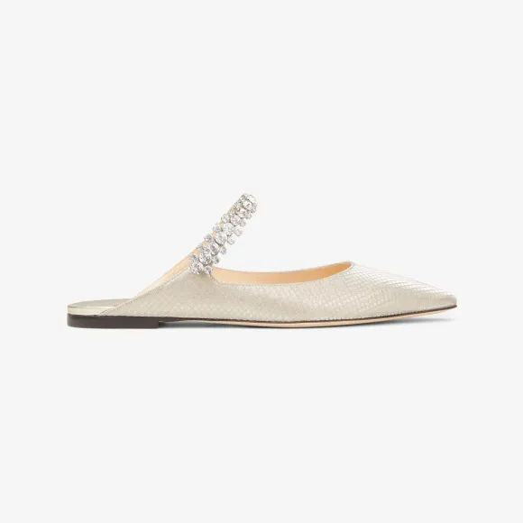 Jimmychoo/吉米周 BING FLAT | 水晶饰带香槟色闪粉面料平底穆勒鞋 BINGFLATTAI120011