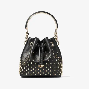 Jimmychoo/吉米周 BON BON BUCKET/S | 铆钉饰黑色磨面小牛皮桶包 BONBONBUCKETSTBR001463