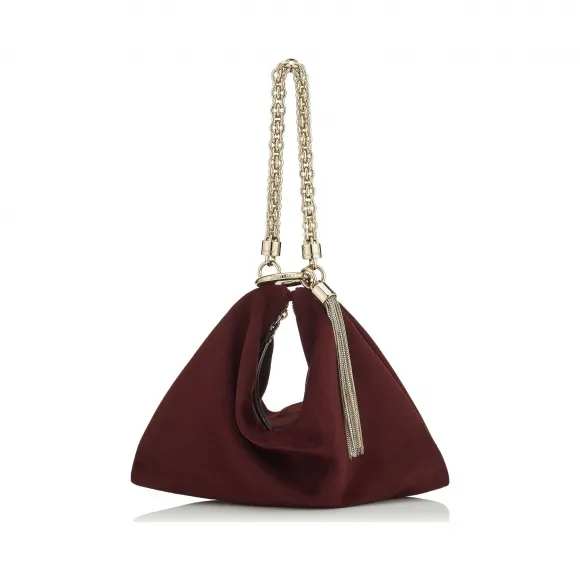 Jimmychoo/吉米周 波尔多酒红色麂皮链条肩带手拿包 CALLIESUE060002