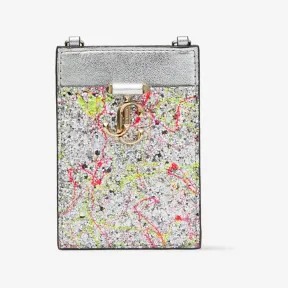 Jimmychoo/吉米周 CARD HOLDER WCHAIN卡夹-配链条肩带多色溅花粗粒闪粉面料卡夹 CARDHOLDERWCHAINAKW0C9741