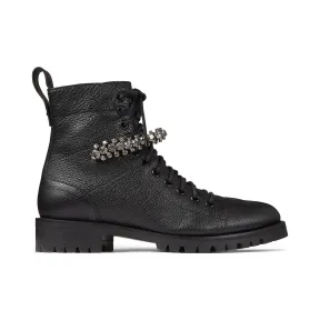 Jimmychoo/吉米周 水晶饰黑色粒纹皮革军靴  CRUZFLATGTC010003