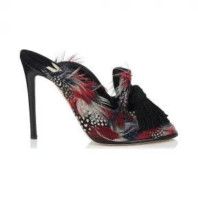 Jimmychoo/吉米周 波尔多和黑色羽毛混合流苏Mul缝穆勒鞋 DEXLEY110FMK0C2861