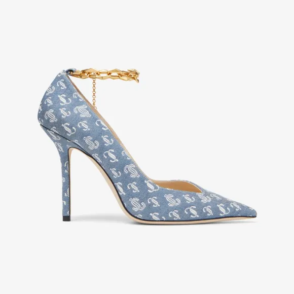 Jimmychoo/吉米周 DIAMOND TALURA 100高跟鞋-链饰丹宁色 JC 字母印花高跟鞋 DIAMONDTALURA100AHK040037
