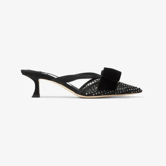 Jimmychoo/吉米周 FLACA MULE 50穆勒鞋-蝴蝶结饰黑色水晶网布穆勒鞋 FLACAMULE50BHQ0C9812