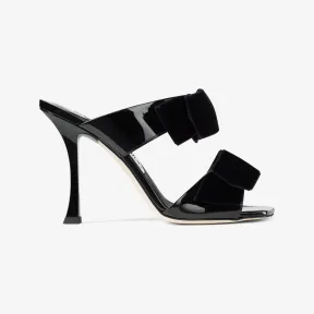 Jimmychoo/吉米周 FLACA SANDAL 100凉鞋-立绒蝴蝶结饰黑色漆皮凉鞋 FLACASANDAL100BKZ000074