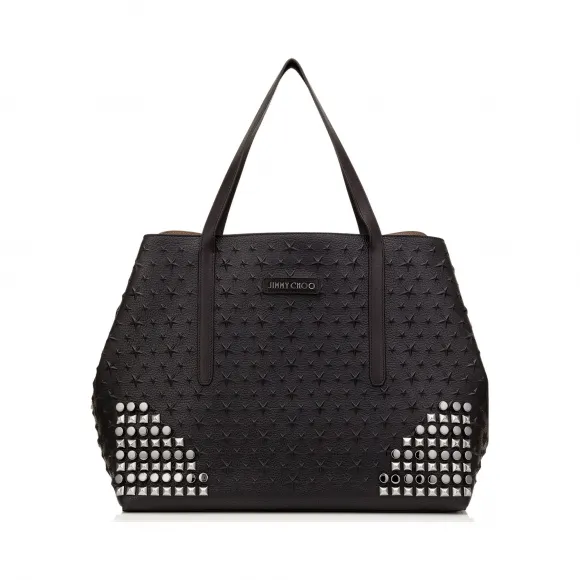 Jimmychoo/吉米周 黑色粒面皮革压花星星，多金属铆钉混合手提袋 j000068380001