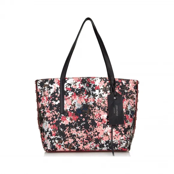 Jimmychoo/吉米周 大丽花，棕色和深银矢车菊印花裂纹金属涂层织物手提袋 j000078740001